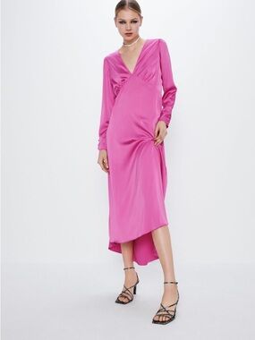 Pink V-Neck Satin Midi Dress
